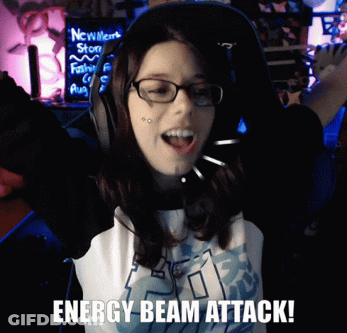 A Woman Wearing Glasses And Headphones With The Words Energy Beam Attack Below Her GIF