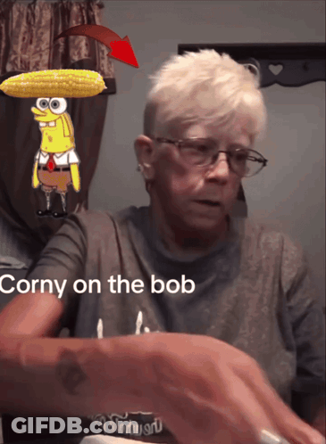 A Woman Wearing Glasses Has A Picture Of Spongebob On Her Head And The Caption Corny On The Bob GIF