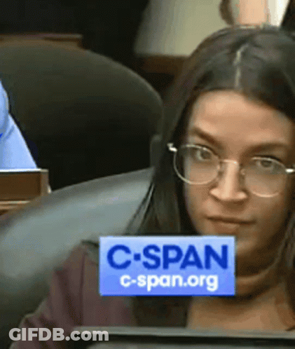 A Woman Wearing Glasses Has A Sign On Her Face That Says C-Span GIF