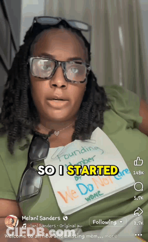 A Woman Wearing Glasses Holds A Piece Of Paper That Says So I Started GIF