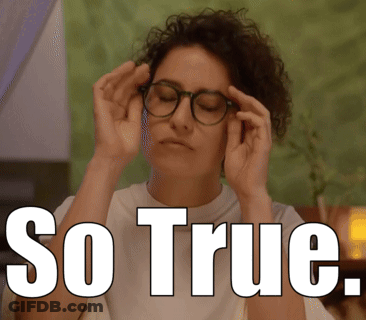 A Woman Wearing Glasses Holds Her Hands To Her Forehead In Front Of A Sign That Says " So True " GIF