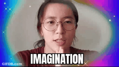 A Woman Wearing Glasses Is Making A Funny Face And The Words Imagination Are Above Her . GIF