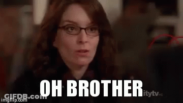 A Woman Wearing Glasses Is Saying `` Oh Brother '' In A Crowded Room . GIF