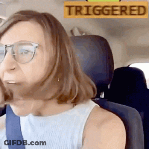A Woman Wearing Glasses Is Sitting In A Car With A Yellow Sign That Says Triggered GIF