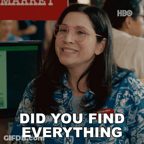 A Woman Wearing Glasses Is Smiling And Says Did You Find Everything GIF