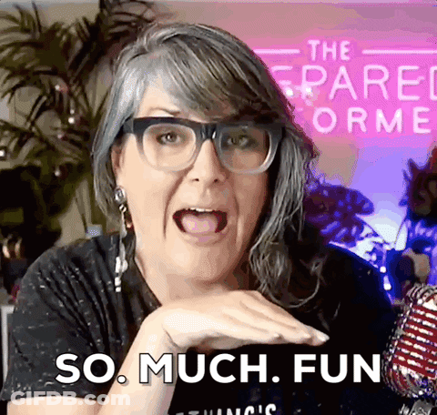 A Woman Wearing Glasses Says So Much Fun In Front Of A Sign That Says The Spare Norme GIF