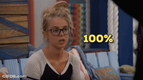 A Woman Wearing Glasses Sits In A Chair With The Words 100 % Above Her Head GIF