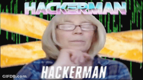 A Woman Wearing Glasses Stands In Front Of A Hackerman Logo GIF