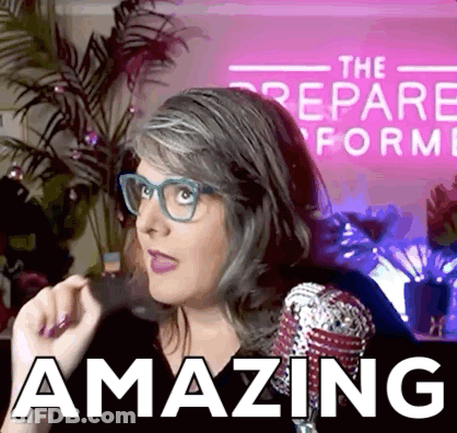 A Woman Wearing Glasses Stands In Front Of A Pink Sign That Says " The Prepare Form " GIF