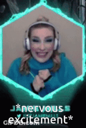 A Woman Wearing Headphones And A Blue Sweater With The Words Nervous Excitement On The Bottom GIF