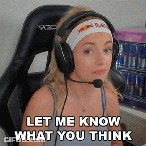 A Woman Wearing Headphones And A Headband With A Red Bull Logo On It Says Let Me Know What You Think GIF