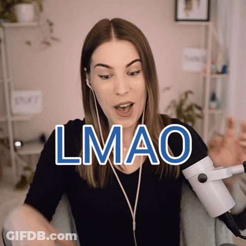 A Woman Wearing Headphones And A Microphone With The Word Lmao Above Her GIF
