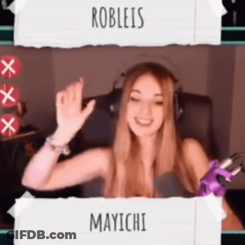 A Woman Wearing Headphones And A Purple Glove With Robleis And Mayichi Written On The Bottom GIF