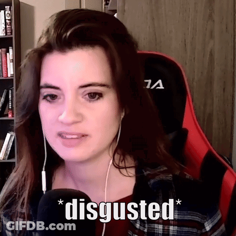 A Woman Wearing Headphones And A Red And Black Gaming Chair Says " Disgusted " GIF