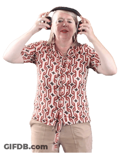 A Woman Wearing Headphones And A Shirt With A Pattern That Says ' A ' On It GIF