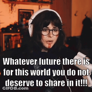 A Woman Wearing Headphones And Glasses Says Whatever Future There Is For This World You Do Not Deserve To Share In It .. GIF