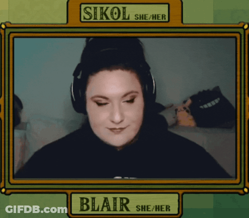 A Woman Wearing Headphones And The Name Blair On The Bottom GIF