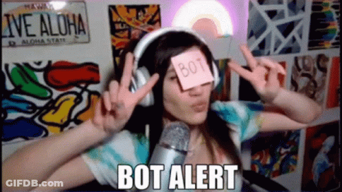 A Woman Wearing Headphones Has A Sticky Note On Her Eye That Says Bot GIF