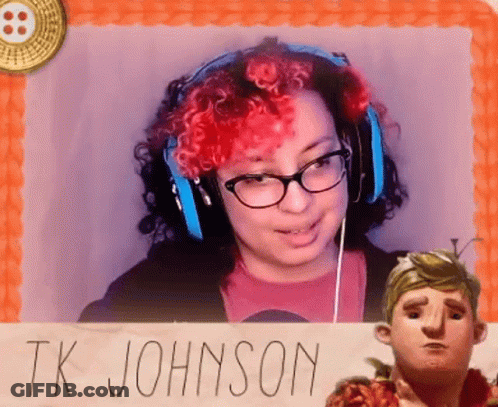 A Woman Wearing Headphones Holds A Sign That Says " Tk Johnson " GIF