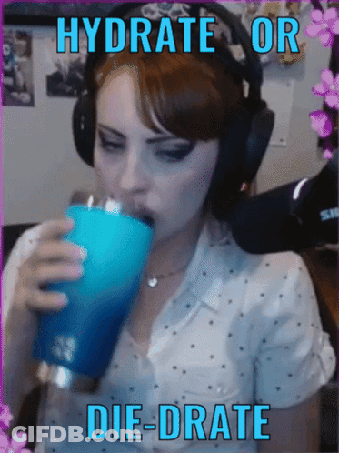 A Woman Wearing Headphones Is Drinking From A Blue Tumbler With The Words " Hydrate Or Die-Drate " On The Bottom GIF