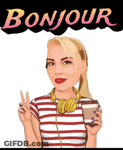 A Woman Wearing Headphones Is Holding A Cup Of Coffee And Giving A Peace Sign In Front Of The Word Bonjour GIF