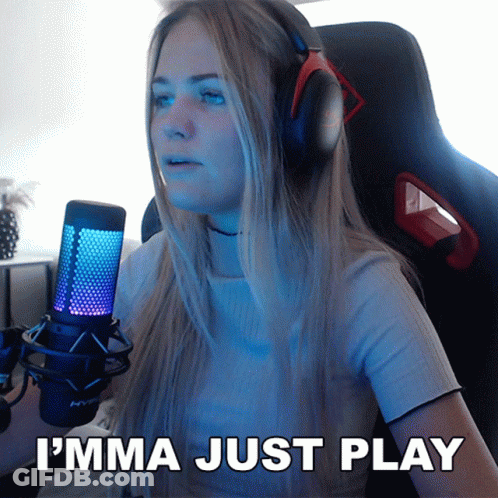 A Woman Wearing Headphones Is Holding A Microphone And Says I 'Mma Just Play GIF