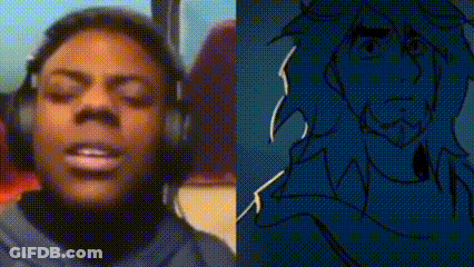 A Woman Wearing Headphones Is Next To A Drawing Of A Lion 'S Face . GIF