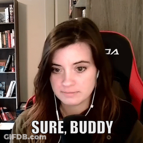 A Woman Wearing Headphones Is Sitting In A Chair With The Words Sure Buddy Written On The Screen . GIF