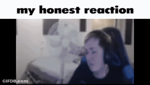 A Woman Wearing Headphones Is Sitting In Front Of A Fan With The Words " My Honest Reaction " Above Her GIF