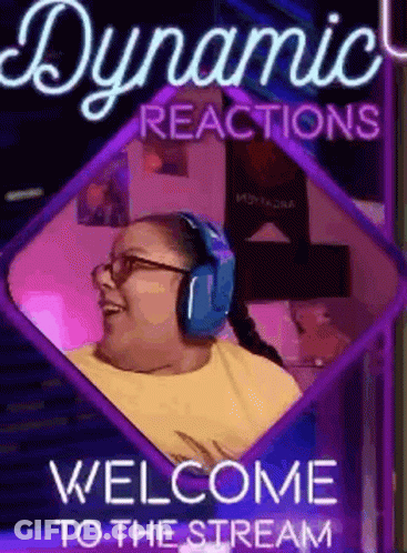A Woman Wearing Headphones Is Sitting In Front Of A Neon Sign That Says `` Welcome To The Stream '' . GIF