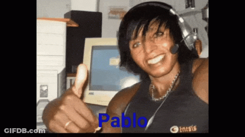 A Woman Wearing Headphones Is Smiling And Giving A Thumbs Up With The Name Pablo On The Bottom Right GIF