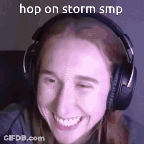 A Woman Wearing Headphones Is Smiling With The Words Hop On Storm Smp Written On Her Face . GIF