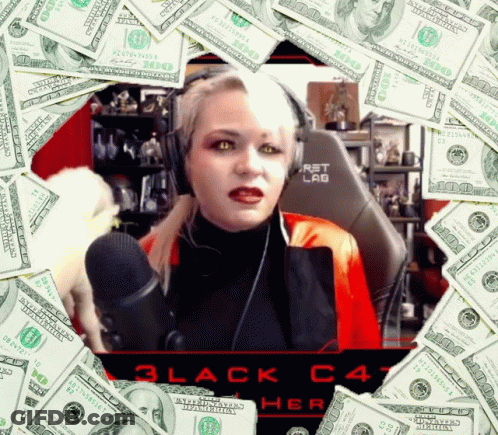 A Woman Wearing Headphones Is Surrounded By 100 Dollar Bills And The Words Black Cat Her GIF
