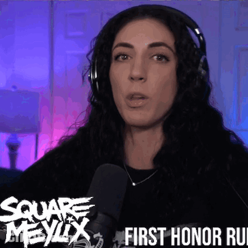 A Woman Wearing Headphones Is Talking Into A Microphone With The Words Square Meylix First Honor Run Written Below Her GIF