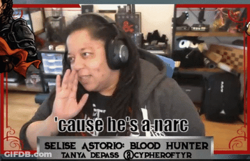 A Woman Wearing Headphones Says ' Cause He 'S A Narc ' GIF