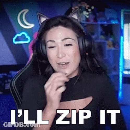 A Woman Wearing Headphones Says " I 'Ll Zip It " While Sitting In A Chair GIF
