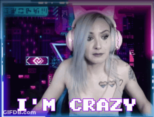 A Woman Wearing Headphones Says " I 'M Crazy " In Purple Letters GIF