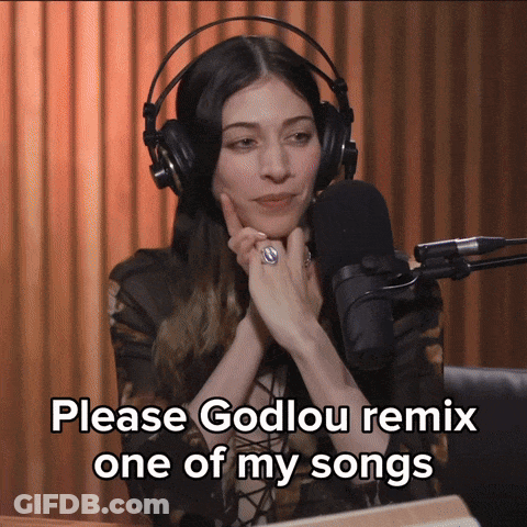 A Woman Wearing Headphones Says Please Godlou Remix One Of My Songs In Front Of A Microphone GIF