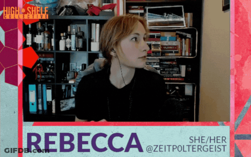 A Woman Wearing Headphones Stands In Front Of A Bookshelf And A Sign That Says Rebecca GIF
