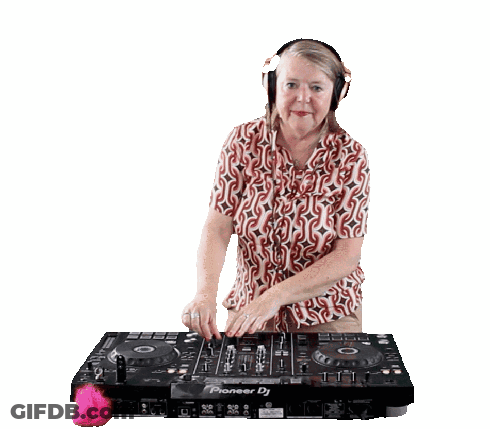 A Woman Wearing Headphones Stands In Front Of A Pioneer Dj Controller GIF