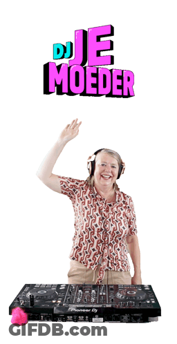 A Woman Wearing Headphones Stands Next To A Pioneer Dj Mixer GIF