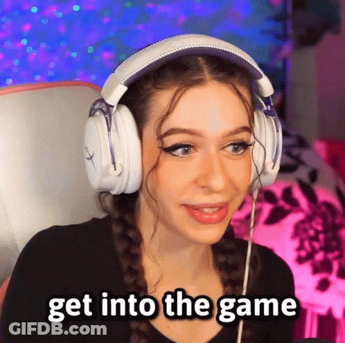 A Woman Wearing Headphones With The Words Get Into The Game On The Bottom GIF