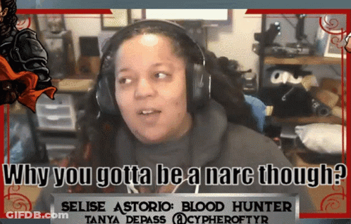 A Woman Wearing Headphones With The Words " Why You Gotta Be A Marc Though " GIF
