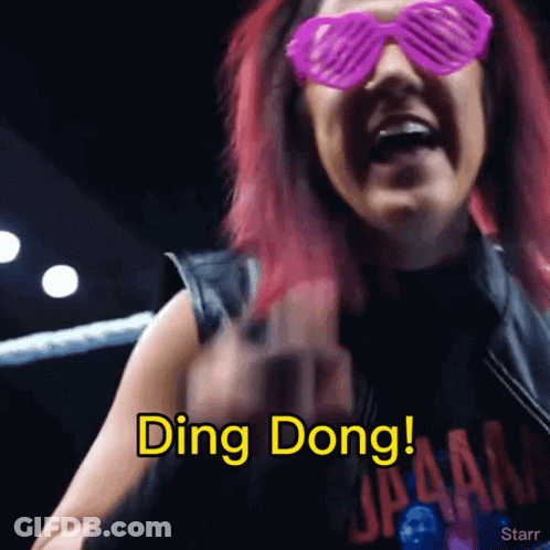 A Woman Wearing Pink Sunglasses And A Black Shirt Says Ding Dong GIF