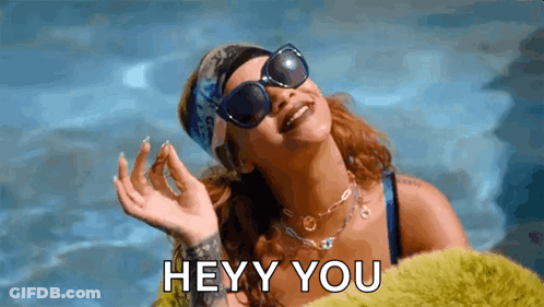 A Woman Wearing Sunglasses And A Bandana Is Laying In A Pool And Says Hey You . GIF