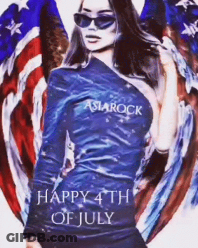 A Woman Wearing Sunglasses And A Blue Shirt With The Word Asiarock On It Is Standing In Front Of An American Flag . GIF