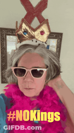 A Woman Wearing Sunglasses And A Crown With The Hashtag #Nokings On The Bottom GIF