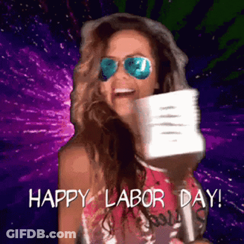 A Woman Wearing Sunglasses And A Hat Is Holding A Megaphone And Says Happy Labor Day GIF