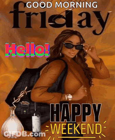 A Woman Wearing Sunglasses And A Purse Is Holding A Bottle Of Wine And A Bottle Of Cologne . GIF