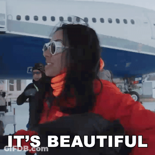 A Woman Wearing Sunglasses And A Red Jacket Says It 'S Beautiful In Front Of A Plane GIF